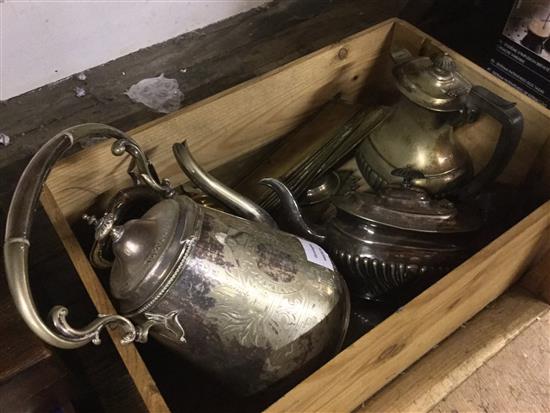 Four piece plated tea set, a hip flask and a kettle